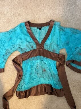 bebe Turquoise and Brown Floral Surplice Blouse